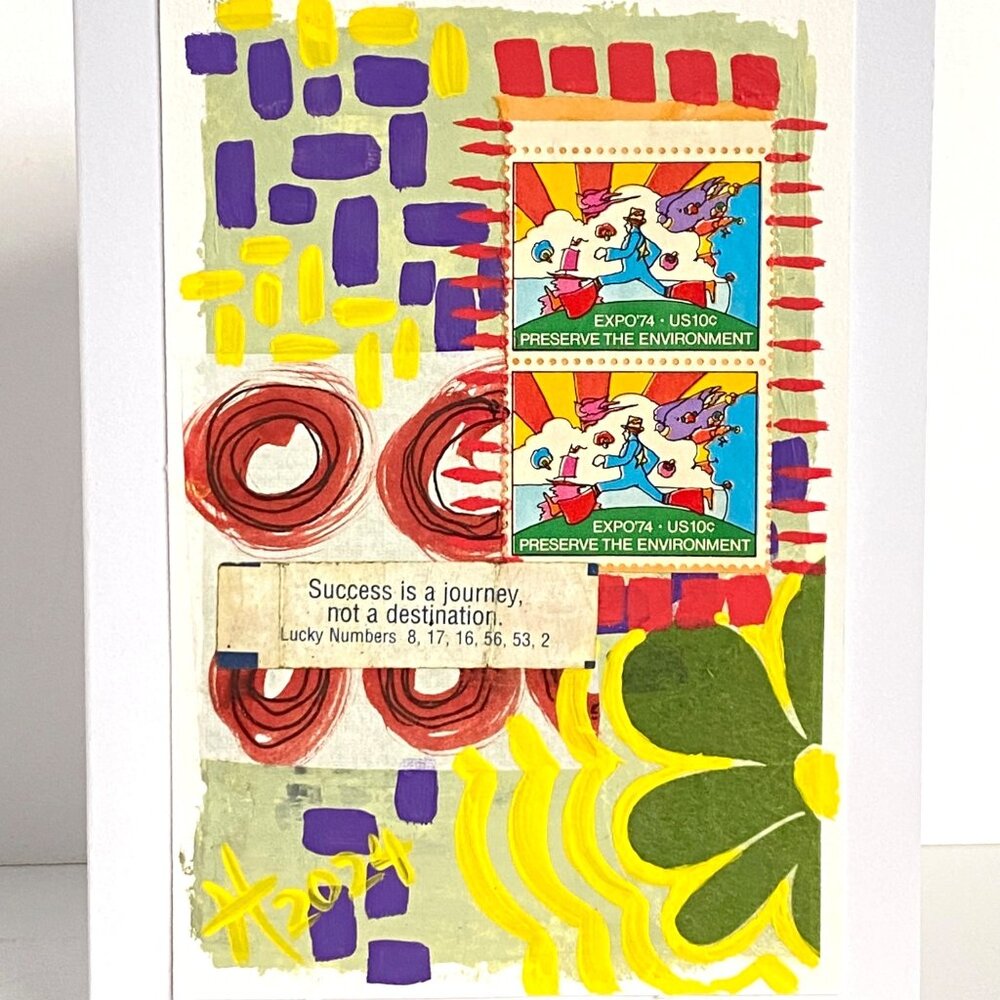 Collage Art Handmade Original Blank Greeting Card and Envelope Postage Stamp